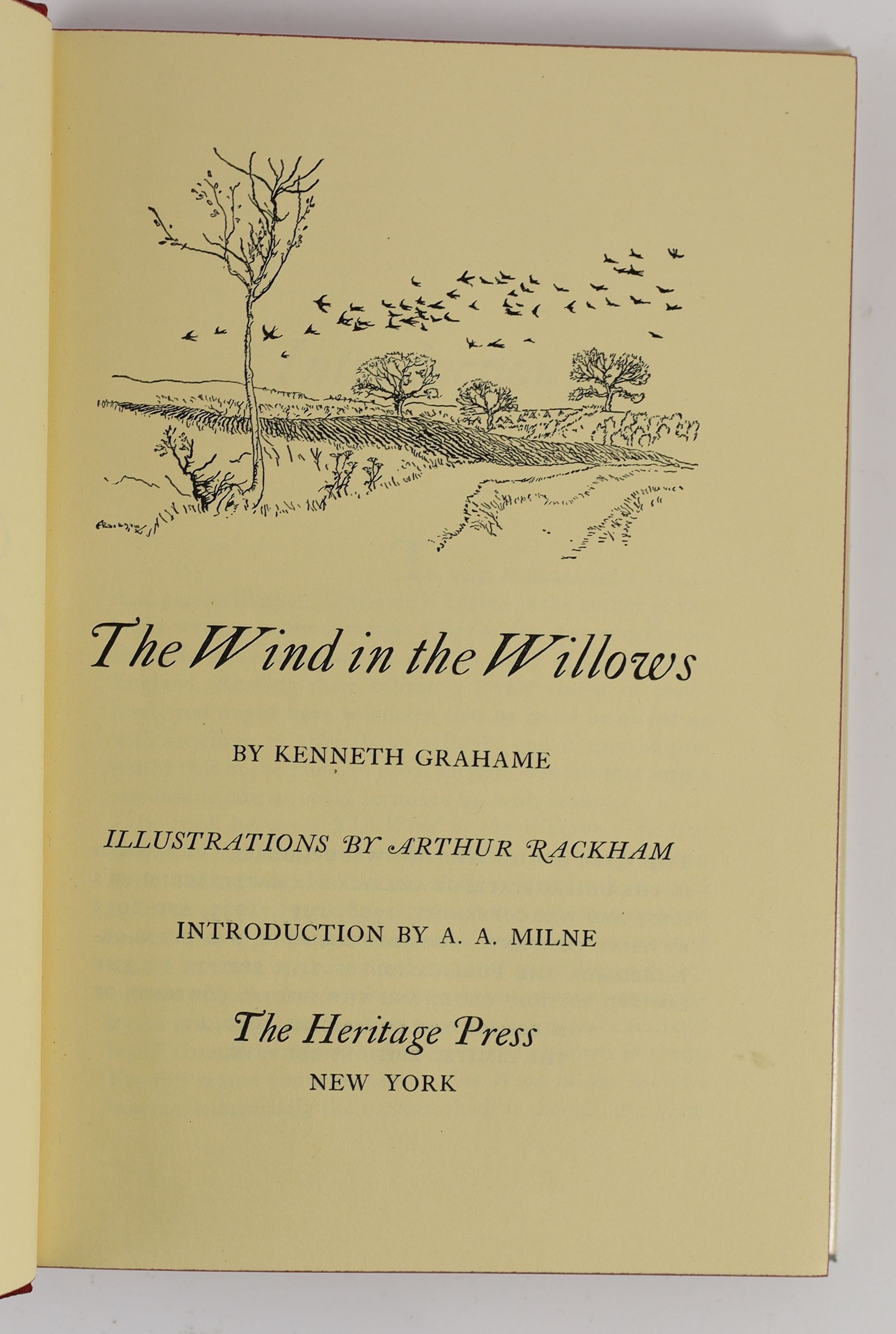 Grahame, Kenneth. The Wind in the Willows. Illustrations by Arthur Rackham....First US. Trade Edition. pictorial title and 12 coloured plates, text illus.; original buckram backed pictorial linen and d/wrapper, in pictor